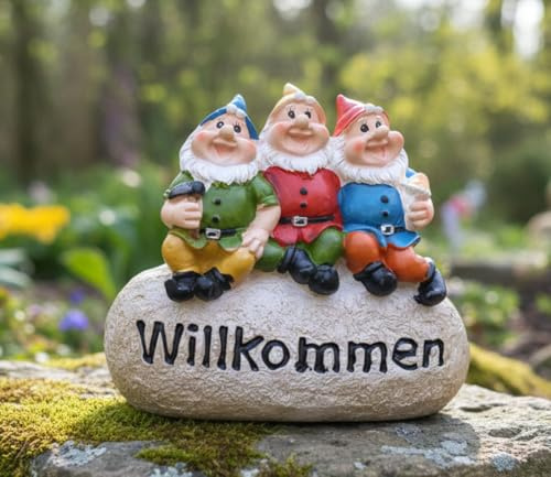 LB H&F Gartenzwerge Dekofigur lustige Zwerge WILLKOMMEN Gartendeko Figur - wetterfest - frostsicher Gartenzwergeset Außenbereich (Stein)