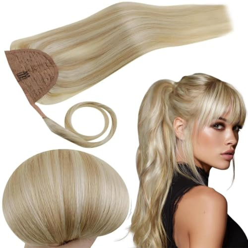 RUNATURE Echthaar Zopf Blond Highlight 30cm 70g #18P613 | Remy Ponytail–hitzebeständig, nahtlose Clips, atmungsaktiv. Kein Haarausfall, perfekt für kühle Töne und Volumen.