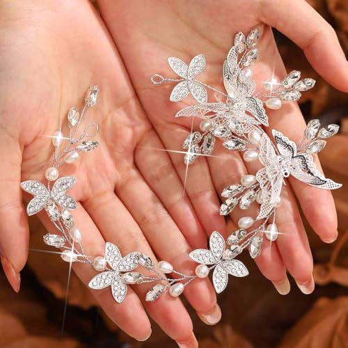Unicra Haarschmuck mit Schmetterlingen, Brautschmuck, silberfarbener Kristall, Haarschmuck, Perlen, Braut-Stirnband, Kopfschmuck für Damen und Brautjungfer
