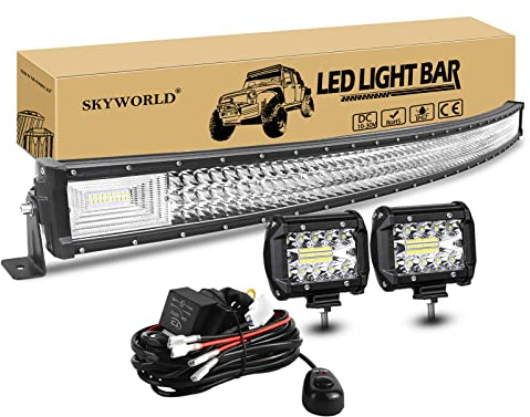SKYWORLD 132cm 675W LED Arbeitsscheinwerfer Bar Gebogen Led Lichtleiste Offroad Beleuchtung, 2X 10cm 60W Led Zusatzscheinwerfe mit 12V kabelbaum kit für Auto SUV ATV UTV LKW 4x4 Nebelscheinwerfer | 130 cm 675W Dreireihige Arbeitsscheinwerfer, 2 x 4 Zoll 60W Led Arbeitslicht für Auto 4x4 4WD Traktor LKW ATV UTV Fahrzeuge
