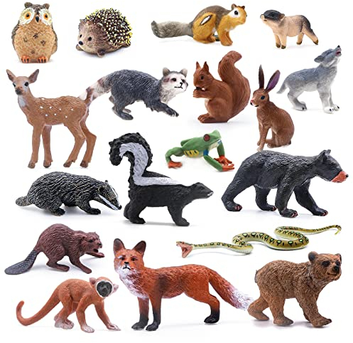 SIENON 18 Stück Waldtiere Figuren Spielzeug, Baby , Miniatur-Tier-Spielzeug Eule, Igel, Fuchs, Eichhörnchen, Bären, Affen für Wald-Themen-Kuchenaufsätze, Kuchen Topper Cupcake Toppers