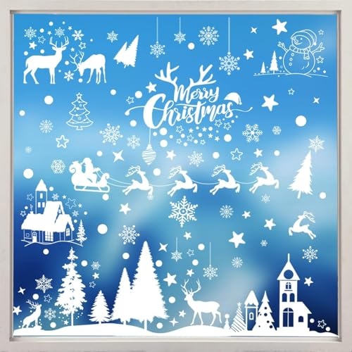 Fensterbilder Weihnachten Selbstklebend, SODREE Weiß Fensterdeko Weihnachten Wiederverwendbar, PVC Schneeflocken Fenstersticker Fensterbilder Weihnachtsdeko für Türen Schaufenster Vitrinen Glasfronten