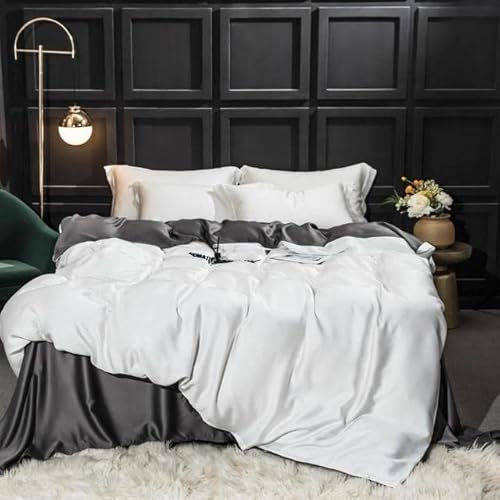VIRUL Ensemble de literie en Soie Bleu foncé Ensemble de Housse de Couette en Soie Drap Plat Linge de lit Taie d'oreiller