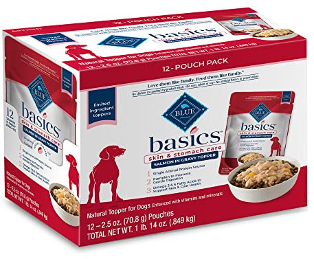 Blue Buffalo Basics Skin & Stomach Care Natural Wet Dog Food Topper, Salmon in Gravy 2.5oz Pouch (12 Pack)
