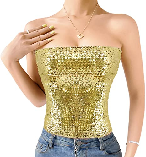 Naimo Damen Glitzer Pailletten Crop Top Ärmellos Schulterfreies Top Sexy Trägerlos Tube Top Bandeau Bustier Rave Oberteil