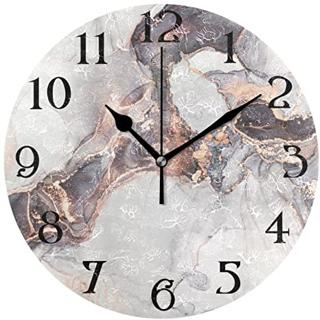 FJAUOQ Orologio da parete con stampa in marmo grigio silenzioso non ticchettio orologio da cucina 9.5 in tondo bagno scrivania orologio soggiorno arredamento