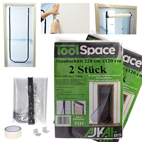 ToolSpace 2x Staubschutztür mit Reißverschluss 220x120cm Staubschutztüren Inklusive Klebeband - Folientür Bautüre Staubtür Staubschutzwand Abdeckfolie Dust Door Schützt vor Staub Schmutz Farbspritzern