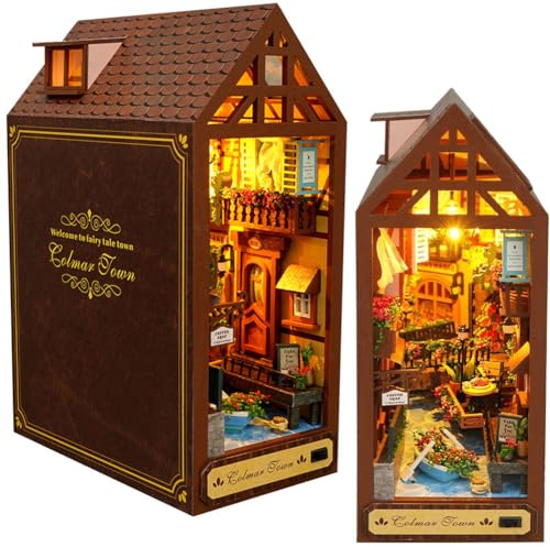 Kit de Bricolage pour Coin de Livre avec Lumière LED et Meubles, Maison de Poupée en Bois à Faire Soi-même, Kit de Construction de Puzzle, Décoration d'Étagère