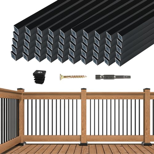 Muzata 50Pack 32 Aluminum Deck Balusters Square Black Railing Stair Porch Staircase Spindles 3/4 Diameter Hollow for Wood and Composite Deck WT26