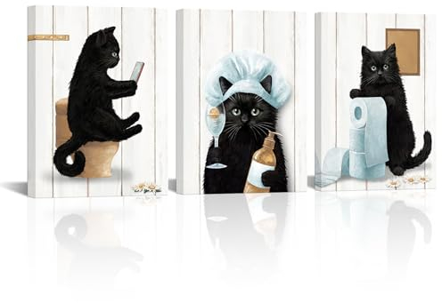 Artsbay Schwarze lustige Katze, Badezimmer-Dekor, Leinwand, Wandkunst, niedliche Tierbilder, Poster, Gemälde, Kunstwerk für Kinderzimmer, Wohnzimmer, Zuhause, Wanddekoration