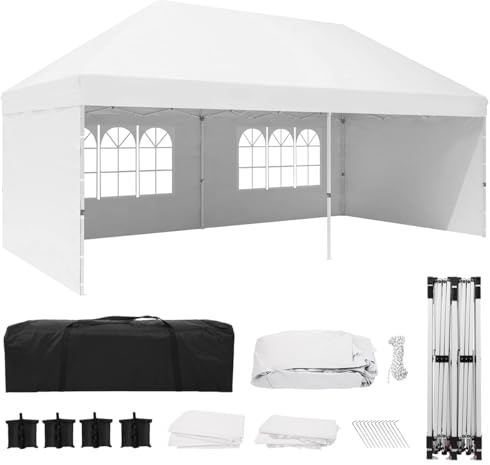 Eachbid 10' x 20' Pop Up Canopy Gazebo Commercial Tent with 4 Removable Sidewalls, Large Party Tent, Event Shelter Gazebo Canopy with 4 Sandbags, Stakes X12, for Patio Party Weddings Picnic (White)