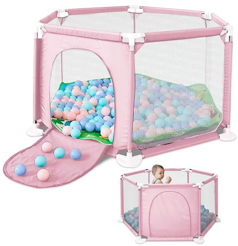 JUPPLIES Parque Infantil Bebe 127x127cm Hexagonal – Corralito Bebe con Malla Transpirable – Parque de Juegos Bebe con Puerta Lateral – Playpen Bebe sin Pelotas