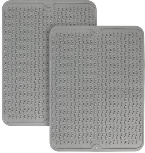 JIEHIN 2 Stück 40 x 30 cm Silikon Abtropfmatte Grau, Hitzebeständige Silikonmatte Abtropfmatte Geschirr Trockenmatte, Rutschfest Spülmatte Silikon Geschirrmatte für Küchenspüle