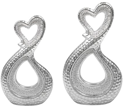 Pearlscent Silver Heart Swirl - Decorative Accessory Ornaments | Modern Room Decor Centerpiece - Ceramic Heart Ornament Gift for Home Decor, Weddings, Valentine's Day (Set of 2 - Small & Large)