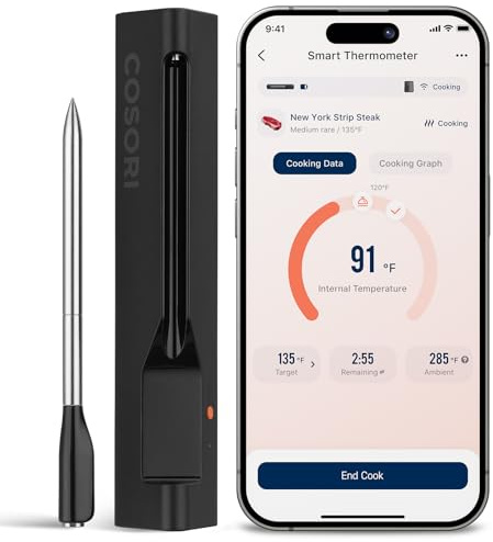 COSORI Wireless Meat Thermometer Digital, Bluetooth Food Thermometer for Grill, Smoker, Oven, Air Fryer for Turkey, Chicken, Steak, Gifts for Men, 90+ Recipes in Free App