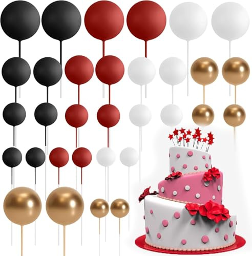 32 Pcs Mini Foam Balloon Cupcake & Cake Toppers (Red Black White Gold) | Light foam balloon decorations, perfect for cake ball and party cupcake decor