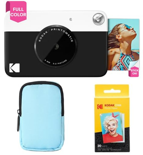 KODAK Printomatic Paquete básico de cámara con impresión instantánea a Todo Color + Estuche Blando + Paquete de 20 Papeles fotográficos Zink - Fotos Coloridas en Papel Adhesivo de 2 x 3 - Negro