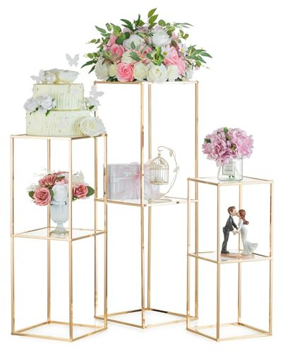 NUPTIO Gold Vase Centrepieces for Tables: 3 Pcs 60 & 80 & 100cm Tall Flower Stand With 2-layer Acrylic Panel Metal Floor Geometric Column Vases for Wedding Birthday Decoration