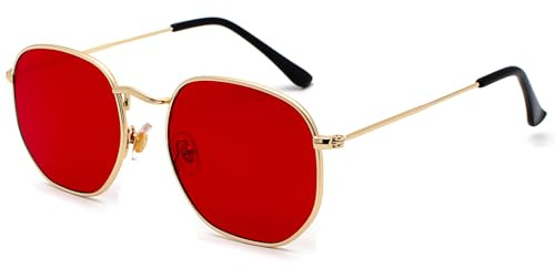 RUNHUIS Retro Polygon Sonnenbrille für Damen und Herren, Modische Quadratische Brille, Ultraleichter Metallrahmen (Gold/Rot)