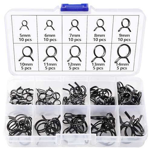 Lyeteung 75 Pièces 10 Tailles 5-14 mm Collier de Serrage de Ressort de Carburant à Double Ligne Kit, Clip à Ressort Tuyau, Serrage Durite Essence Serre-joints à Tuyaux, Noire