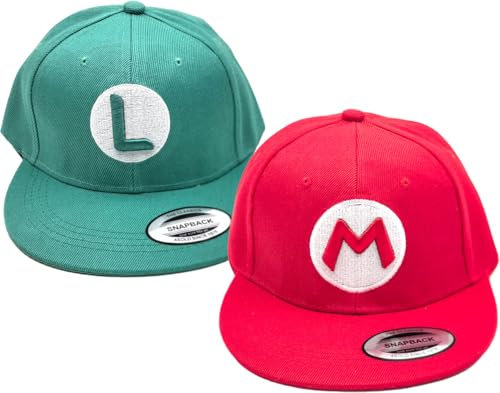 4sold Set 2 Stück – Rot Mario Mütze & Grün Luigi Kappe – Snapback Unisex Kostüm Zubehör für Kinder & Erwachsene, Party Cosplay, Karneval Verkleidung & Geschenkidee