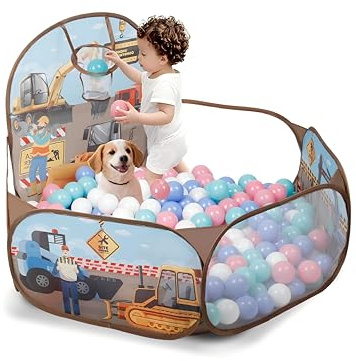 ZimiTeda Grävmaskin barn bollgrop för småbarn med basketring, vikbar pop-up babyboll pool för flickor pojkar inomhus- och utomhusspel 120 cm brett plyahouse-tält (bollar ingår inte)