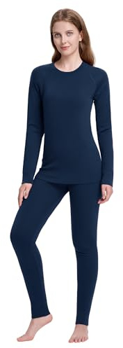 woolcano Set di biancheria intima termica da donna, 100% lana merino, biancheria intima leggera da sci, per donne, morbida e calda, 190 blu navy, XS