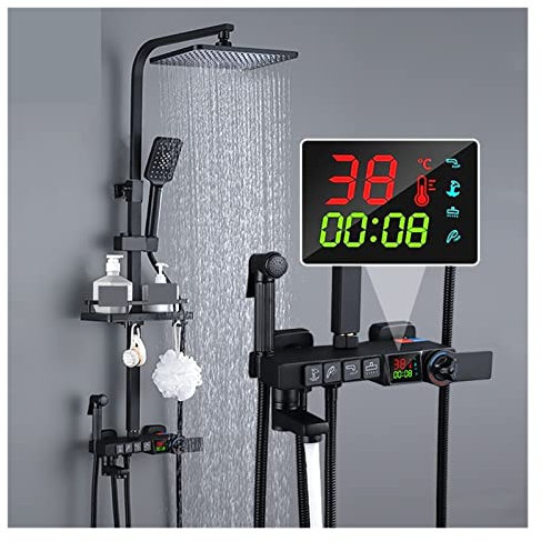 Juego de grifo de ducha, Juego de grifo de ducha con pantalla digital termostática de latón, grifo de ducha de baño, columna de ducha de lluvia, grifo de ducha termostático(Black-ABS)