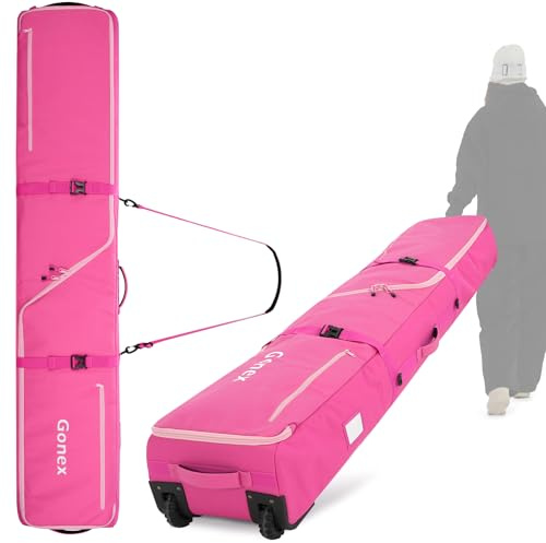 Gonex Snowboard Bag with Wheels,Adjustable Length Up to 175cm to 190cm, Fully Padded Ski Bag for Air Travel, 1200D Polyester PVC Waterproof Rolling Ski Bag with Skis Strapes (Pink)