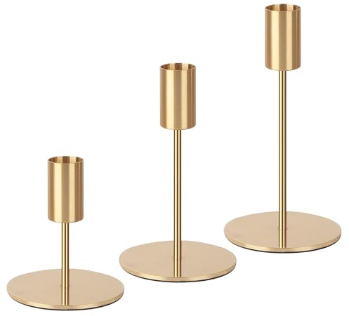 3 Set Kerzenhalter Gold,Kerzenständer Stabkerzen 9/14/19CM,Dekorativer Vintage-Kerzenhalter,Hoch Kerzenleuchter aus Metall,Geeignet für Geburtstagsmahlzeiten, Jubiläum, Hochzeit, Heimdekoration