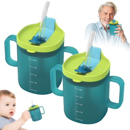 Hojalis Schnabeltasse Senioren 300mL, 2PCS Auslaufsichere Becher für ältere Menschen,Schnabeltasse Senioren Mit Griff, Trinkbecher fürSenioren,3-in-1 Trinkbecher fürSenioren mit Behinderungen (Grün)