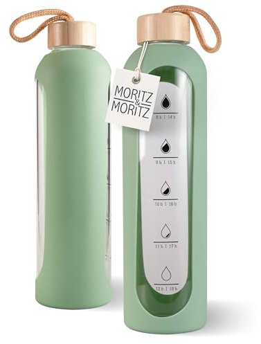 Moritz & Moritz Bouteille en verre de 1 l vert - Anti-fuite - Bouteille en verre pour le sport, l'école, l'université ou le travail - Avec coque en silicone de protection - Inclut une échelle de