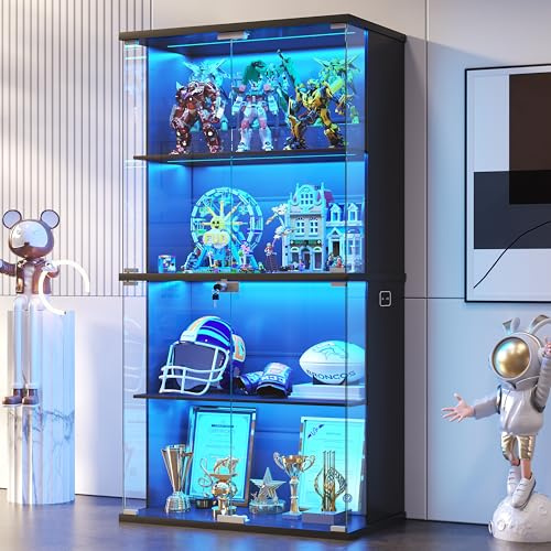 168cm Vitrina expositora con iluminación LED y sensores Inteligentes | Puertas de Cristal con Cerradura,vitrinas con 4 Niveles Vitrina Cristal para salón,Dormitorio,Oficina o Estudio,Negro