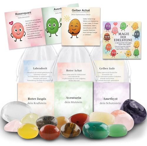 DXLing 14 Stück Glückssteine mit Bedeutung und Karte im Organzasäckchen | Mitgebselstein Magie der Edelsteine Give Away für Kindergeburtstag Gastgeschenk Taufe Kommunion Einschulung