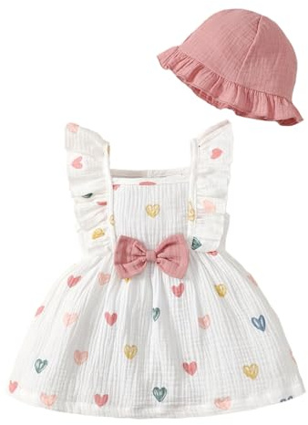 JENJON Småbarn, baby, flicka, sommarklänning, outfit, volangärmar, hjärta/blommönster, bohoklänningar, söt baby, sommarklänning med hatt, 6-12 månader