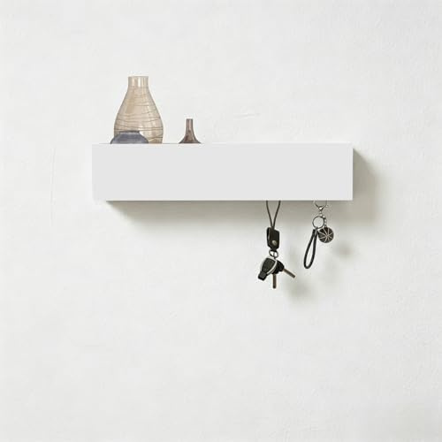 FINELYCR Portachiavi Parete con Mensola, Moderno Appendi Chiavi con 5 Ganci, 30 x 7,5 x 6 cm Porta Chiavi da Muro per Casa Bianco, Portachiavi Muro in Metallo e Legno, per Ingresso, Soggiorno