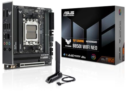 ASUS TUF Gaming B850I WiFi NEO AM5 Mini ITX Scheda Madre, DDR5, DIMM Fit, WiFi 6E, 2.5Gb LAN, PCIe 5.0, 2X M.2, 2X USB-C, AI Cooling II, Schermo I/O premontato, SFF PC