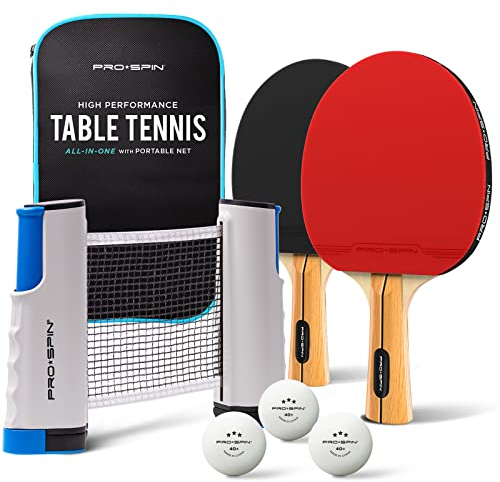 PRO-SPIN Ping Pong Set da Tavolo Portatile - Kit Premium con Rete Estensibile per Qualsiasi Tavolo, Racchette, Palline e Custodia (Set da 2 giocatori)