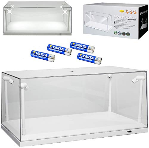 Unbekannt Acryl Vitrine mit LED Beleuchtung mit weissem Sockel für Modellauto inklusive Batterien 1/43 1/64 1/72 1/87 1/32 1/24 1/18 Modellcarsonline Modell Auto