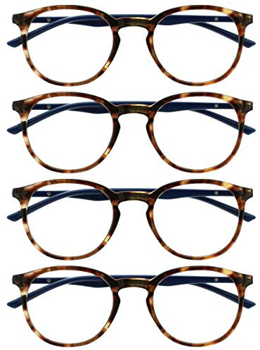 OPULIZE Met lesebrille 4er Pack Schlank Runder Rahmen Federscharniere Kratzfest Braun Schildpatt Blau Bügel Herren Damen RRRR60-2 +1.50
