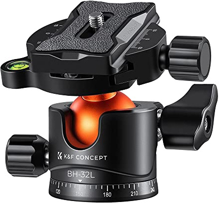 K&F Concept 1,3 Zoll (32 mm), Tragfähigkeit 12 kg, Aluminium, 360° Rotation, 1/4 Schraube, kompatibel mit Schweizer Arca-Platten, SLR DSLR Camcorder Stativ Kopf Einbeinstativ