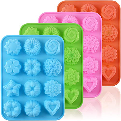 Newk Flower Shape Chocolate Silicone Mold, 12-Cavity Candy Baking Mold for Parties, Festival and DIY Crafts- Pack of 4, Green+ Blue+ Pink+ Orange