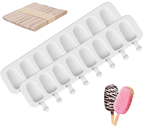 2 Pcs 8 Cavities Ice Cream Mould Silicone Pop Ice Lolly Mold with 50 Wooden Sticks Cakesicle Moulds BPA Free Reusable Easy Release DIY