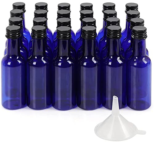 BELLE VOUS 24 Pack Mini Blue Liquor Bottles - Reusable Plastic 50ml/1.7 fl oz Empty Spirit Bottles with Black Screw Caps & Liquid Funnel for Easy Pouring/Filling - Miniature for Weddings/Parties