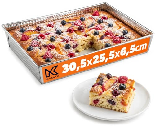 KADAX Rektangulär bakform, bakplåt i 3 storlekar, med höga plåtkanter för kakor, rostbröd, ostkaka och brownies, lättskött lådform med bra värmefördelning (30,5 x 25,5 cm, silver)