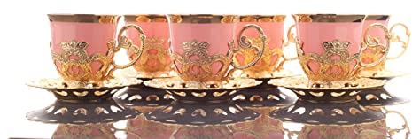 TGTAKDS Juego de 6 tazas de café turco, juego de 6 tazas de café árabe, tazas de café turco con soportes de metal y platillos de té y platillos de 2.7 onzas (rosa y dorado)