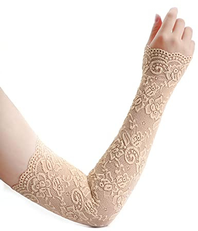 Lace Gloves for Women, Floral Ladies Long Fingerless Gloves UV Protection Lace Arm Sleeves Summer Driving Gloves for Halloween Wedding Prom Opera Tea Party