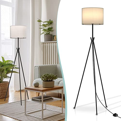 EMKE Stehlampe Briana, E27 Stativ-Stehleuchte Textil Vintage, Schwarz Standleuchter Design Bodenlampe Modern mit Fußschalte, Wohnzimmerlampe Leselampe für Büro