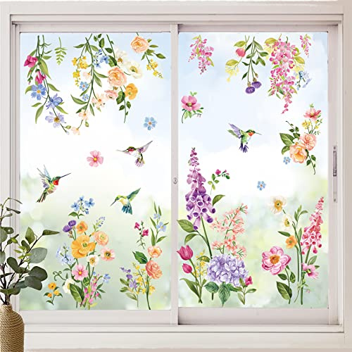 wondever Window Clings Decals Flowers Iris Floral Birds Glass Sticker | Vinyl Static Cling, Anti Collision, Double-Sided, Reusable Removable, Easy to Apply, Decorative, for Window Glass Door Home