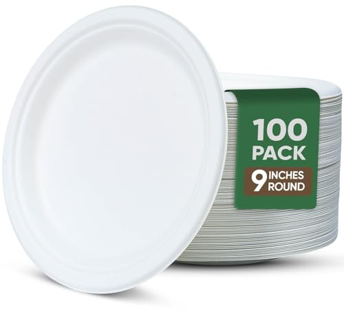 TaidMiao 9 Inch Paper Plates 100 Pack - 100% Compostable Dinnerware | Leak & Grease Resistant Disposable Plates for Parties, Microwavable, Bulk Eco-Friendly - White